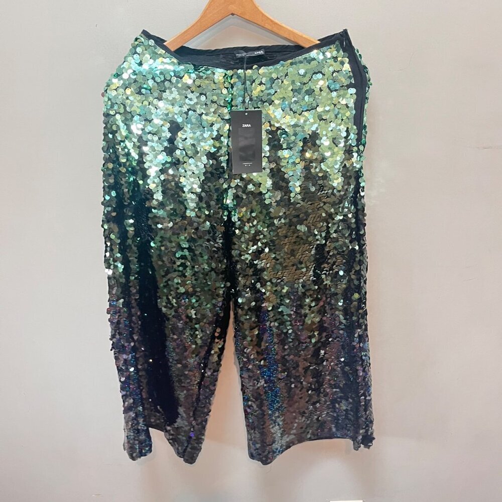NEW Zara Women's Wide Leg Green Ombre Sequin Pants- Size‎ S